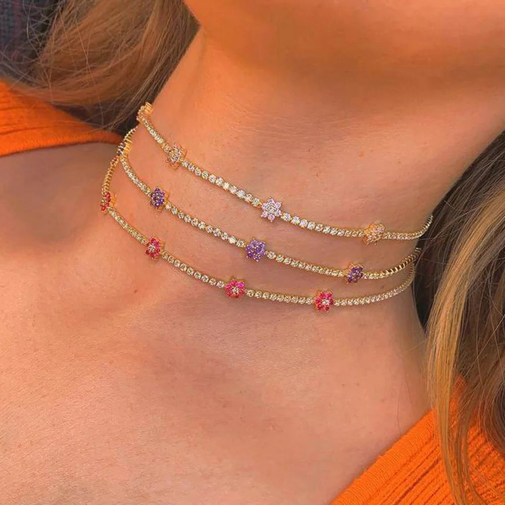 Chic Gold Colorful Zirconia Flower Necklace