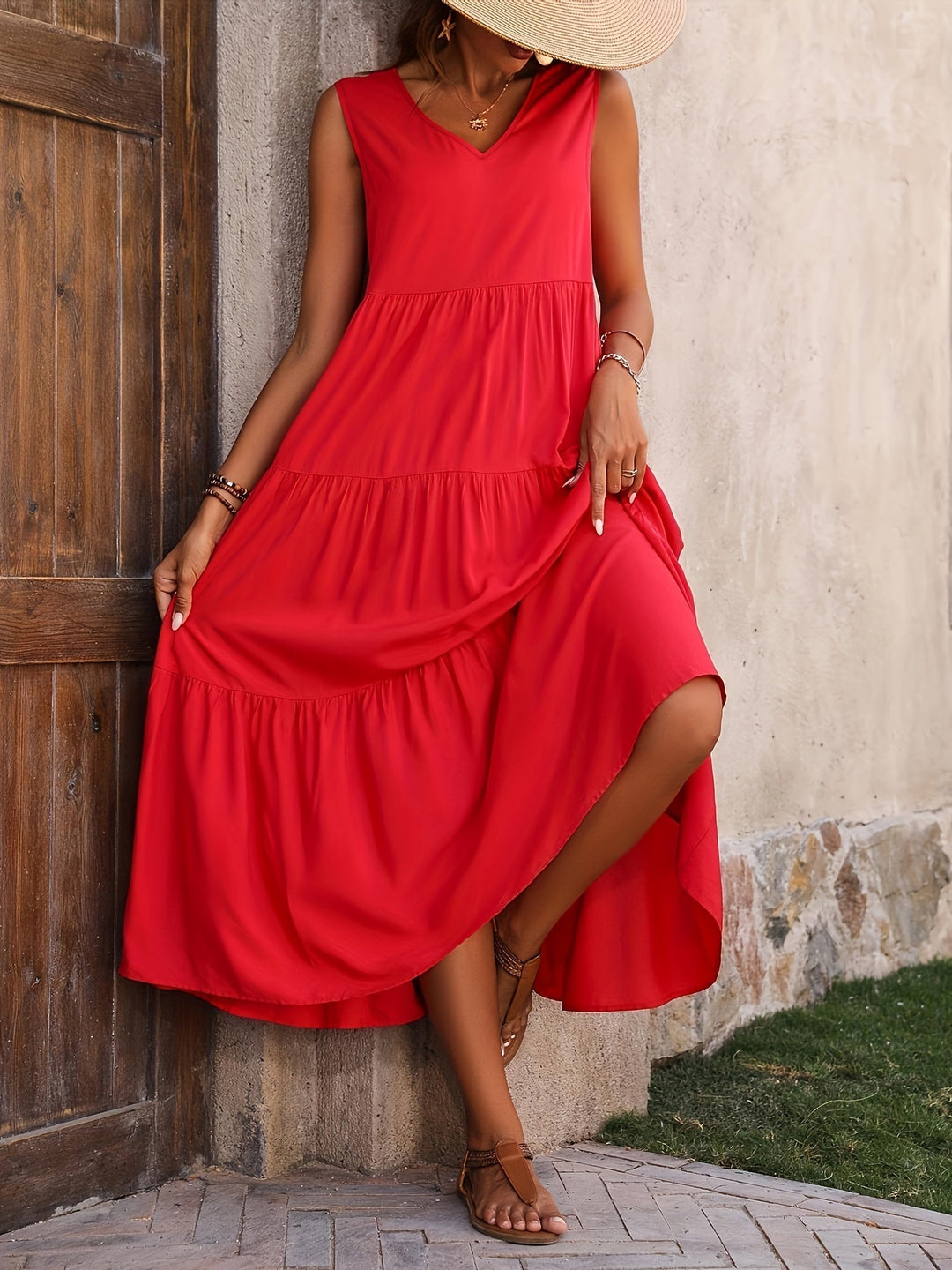 Boho Cotton Maxi Dress for Wedding Guests in Red