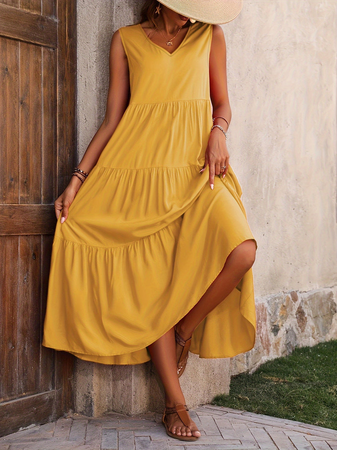 Boho Cotton Maxi Dress for Wedding Guests in Yellow