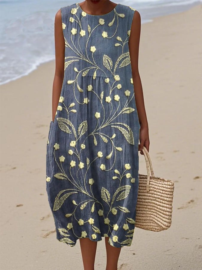 Breathable Floral Linen Beach Dress in Blue 1