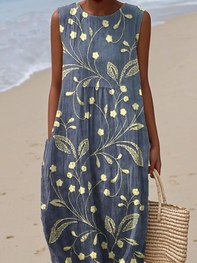 Breathable Floral Linen Beach Dress in Blue 2