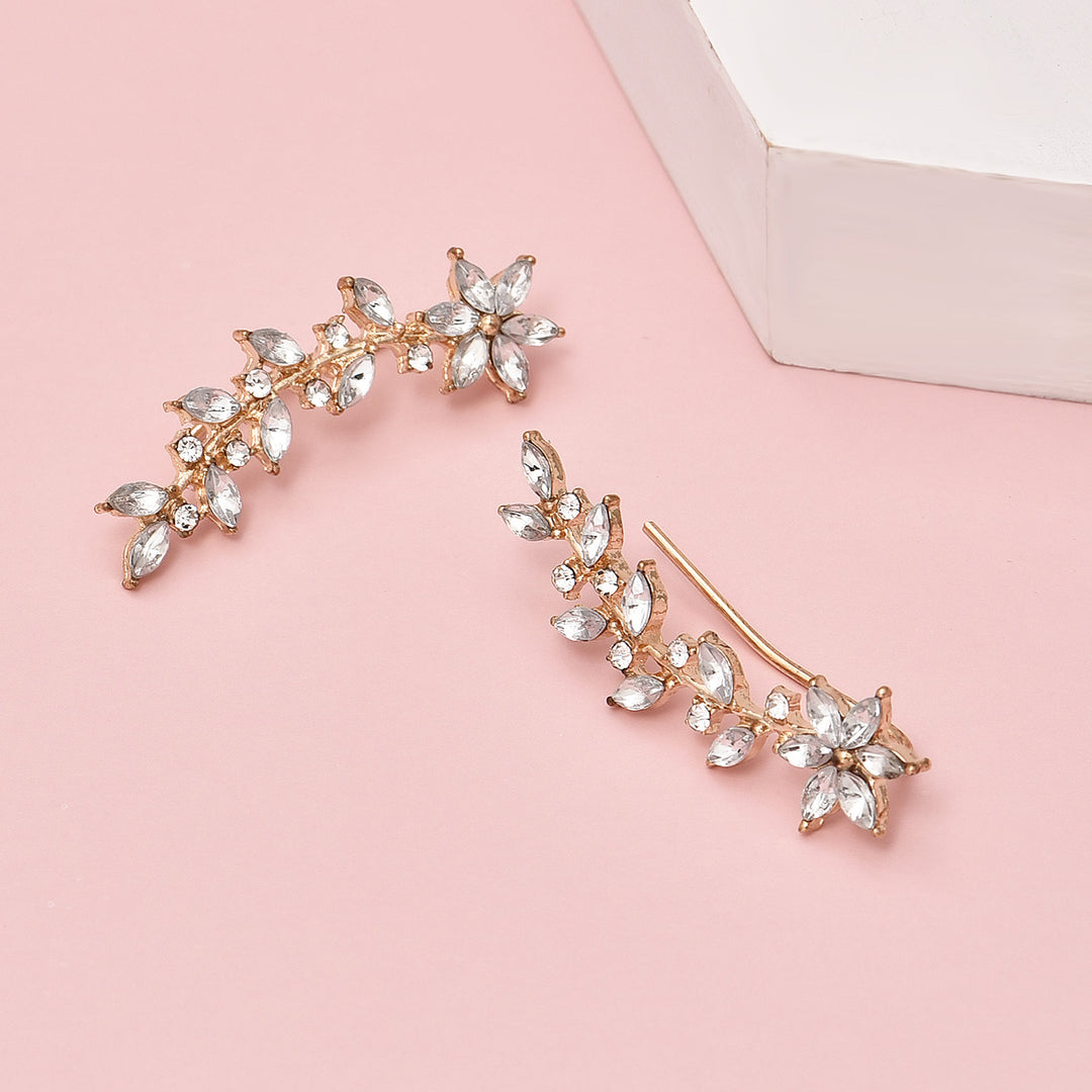 Elegant Glass Rhinestone Leaf Stud Earrings