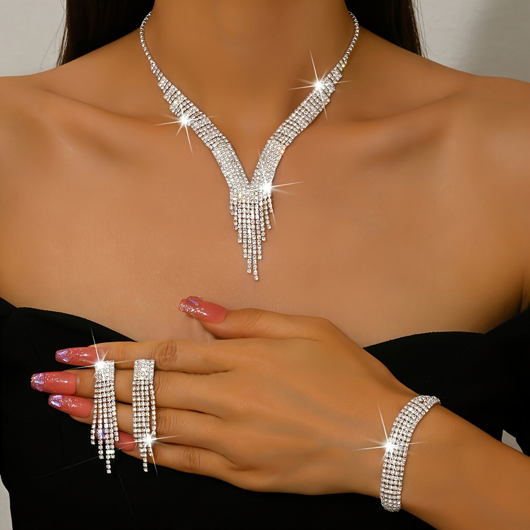 Elegant Rhinestone Silver Necklace and Bracelet Set