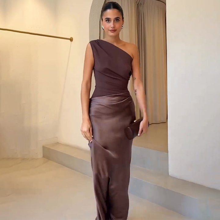 Damen Hochzeitsgast Kleid Ein-Schulter Abendkleid in Dark Brown