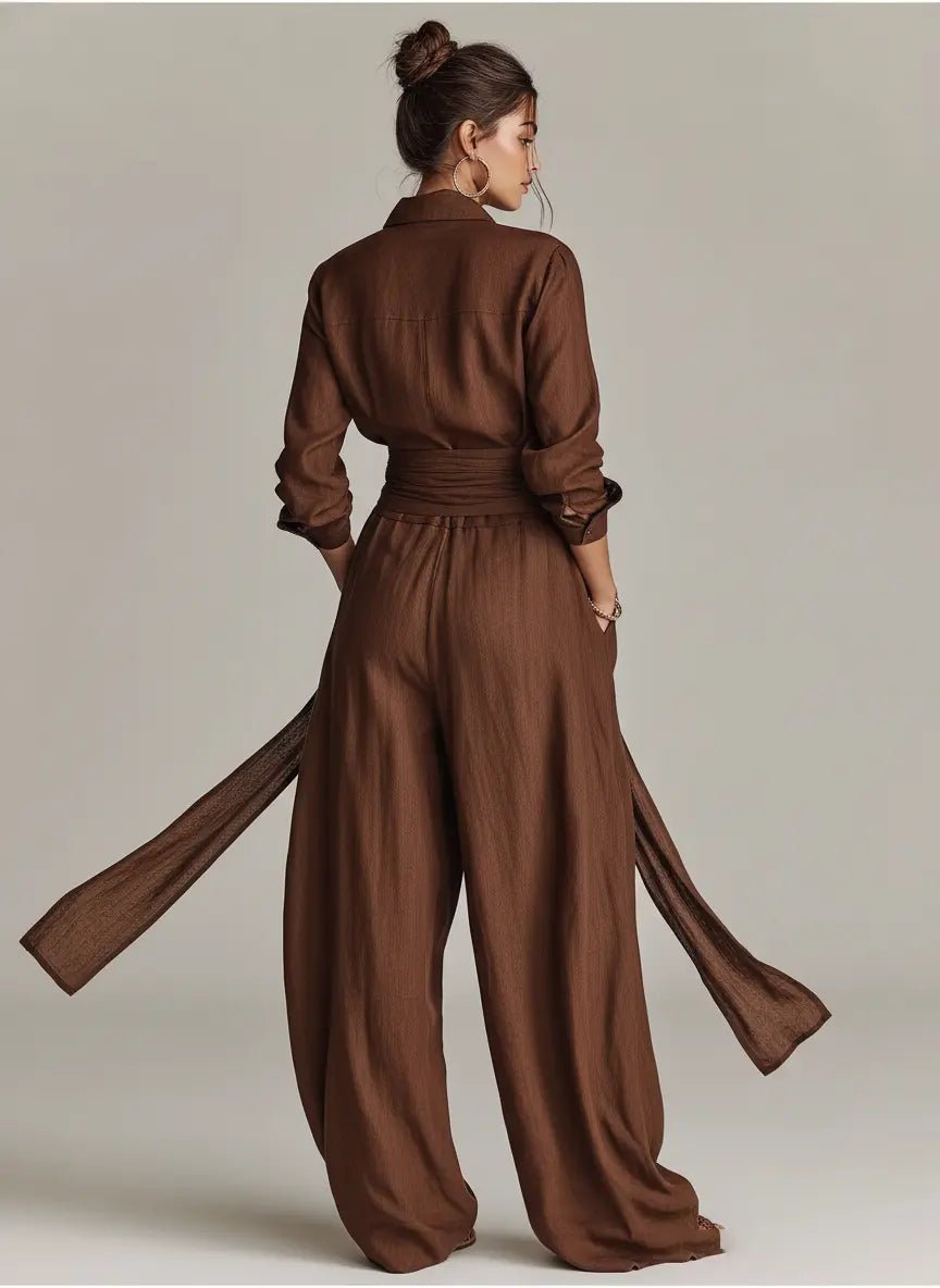 Damen Linen Langarm Hemdkragen Gürtel (6)