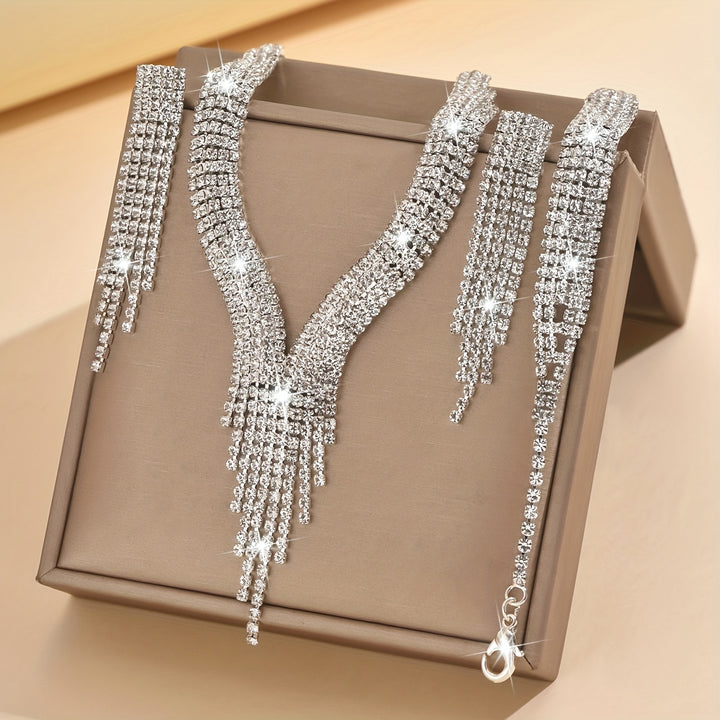 Elegant Rhinestone Silver Necklace and Bracelet Set