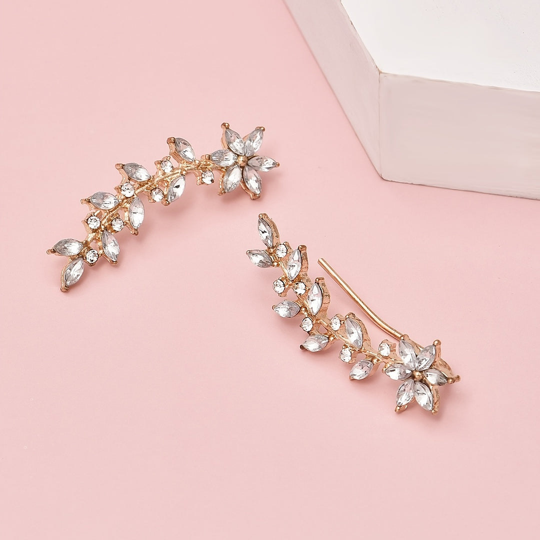 Elegant Glass Rhinestone Leaf Stud Earrings