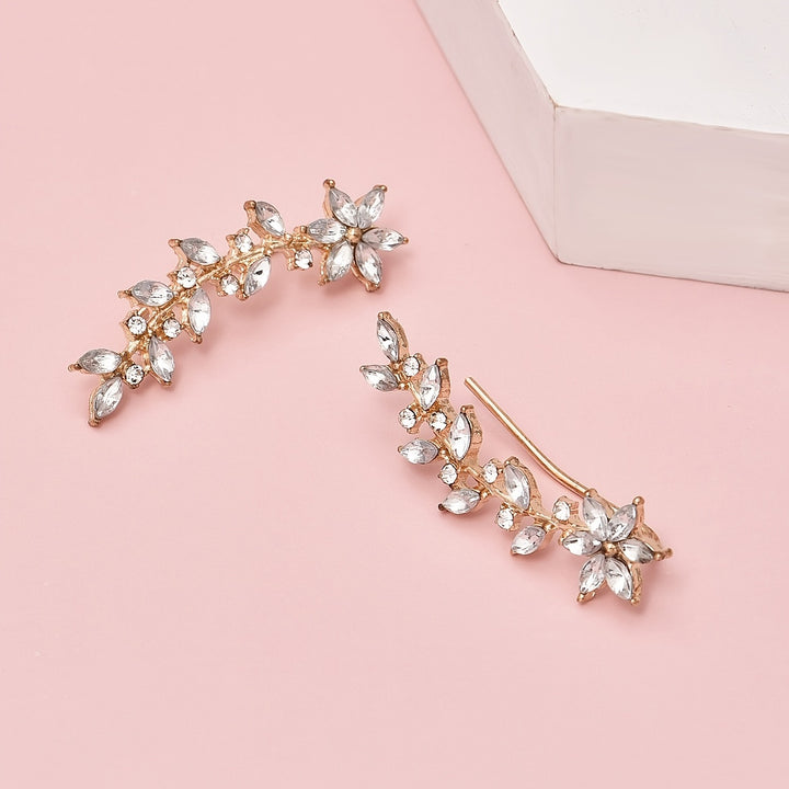Elegant Glass Rhinestone Leaf Stud Earrings