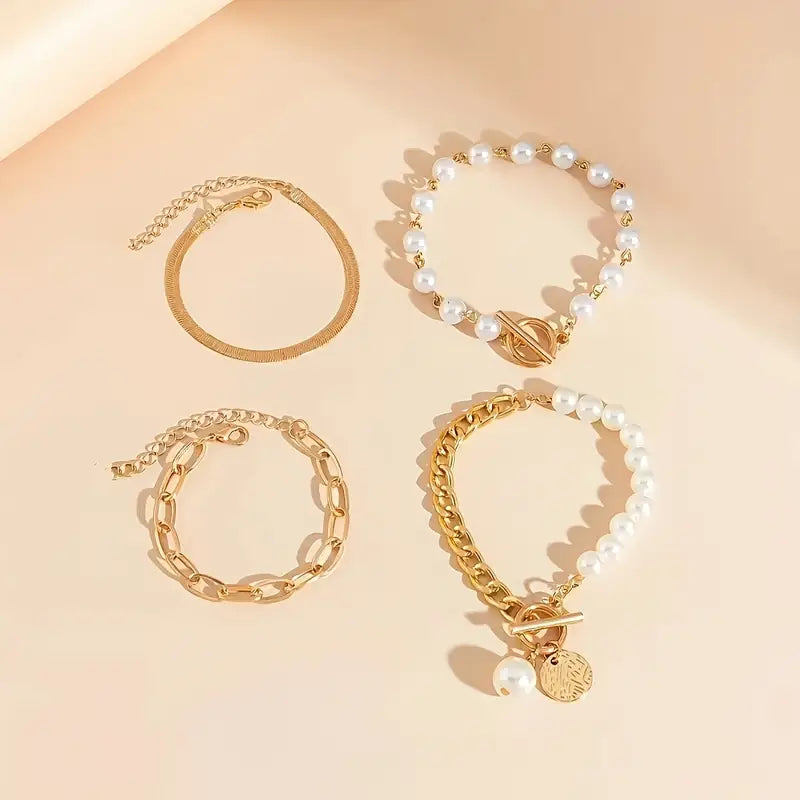 Elegant 4-Piece Gold Bracelet Set – Snake, Pearls and Links