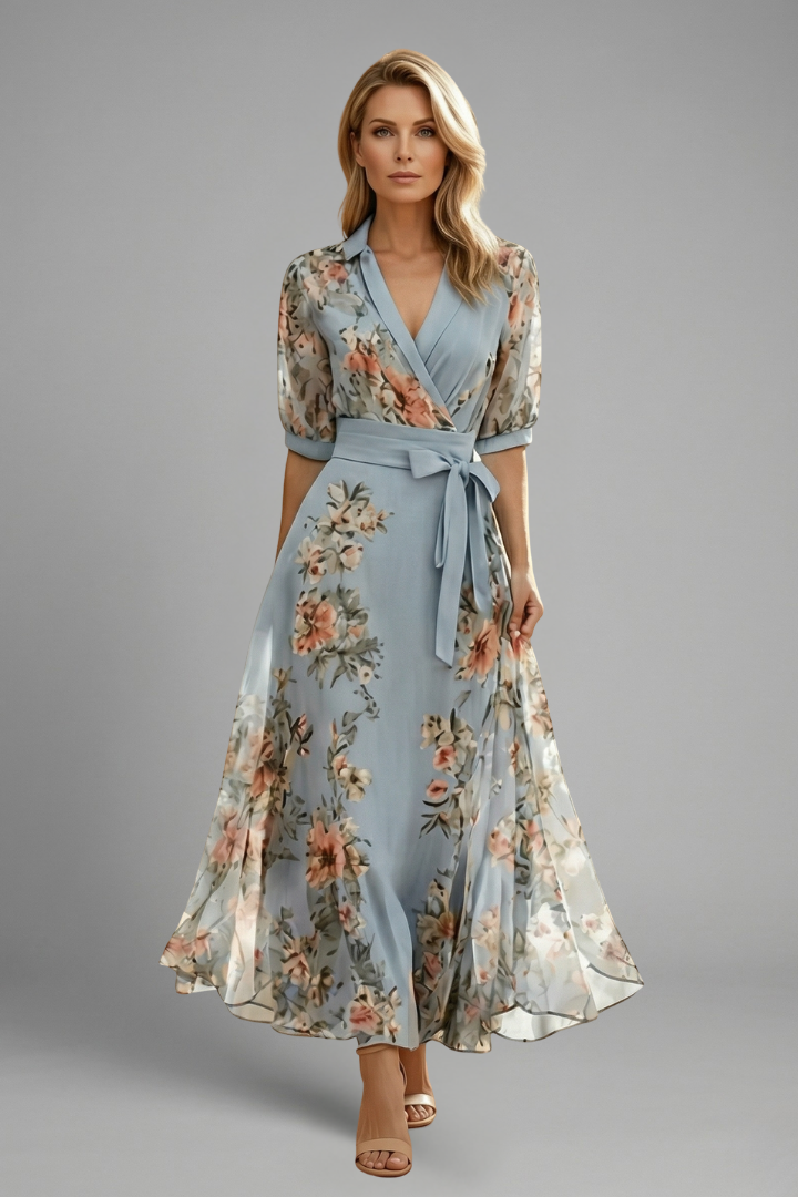 Effortless Floral Wedding Guest Dress in Midi in Blue