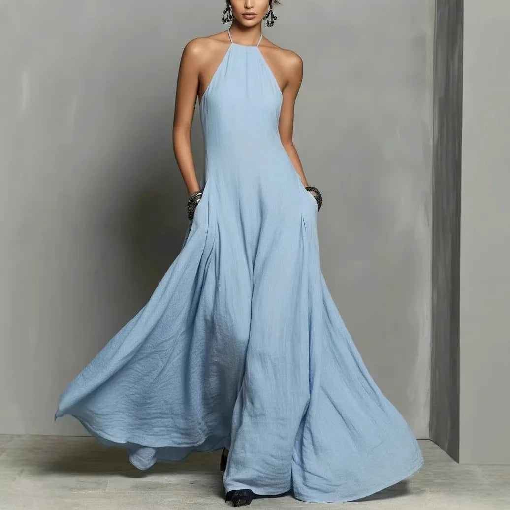 Elegant halter linen maxi wedding guest dress in 1