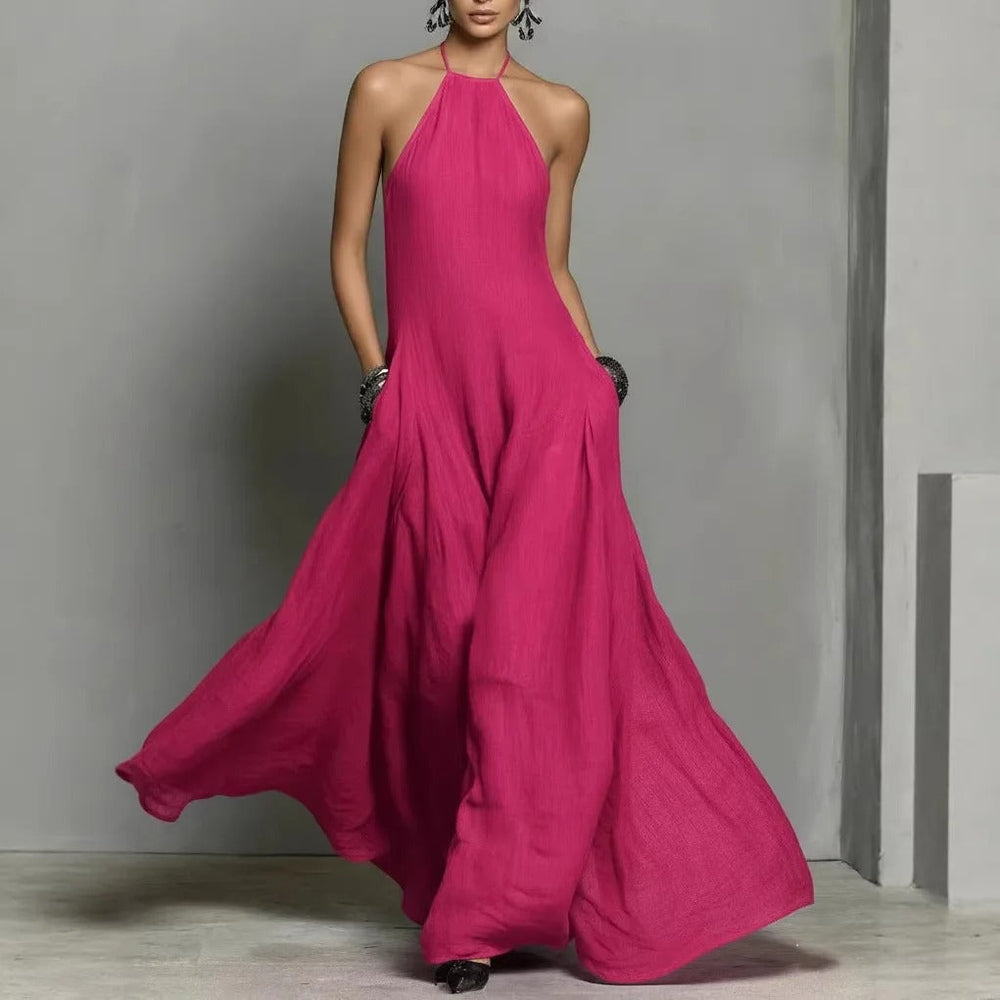 Elegant halter linen maxi wedding guest dress in 2