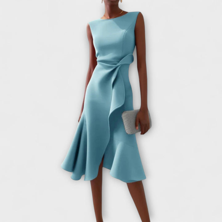 Elegant Midi Wedding Guest Dress for Autumn in Light Blue
