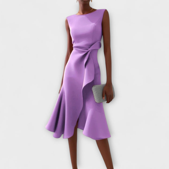 Elegant Midi Wedding Guest Dress for Autumn in Purple