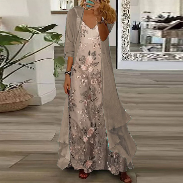 Floral Two-Piece Maxi Beach Dress Set in Beige
