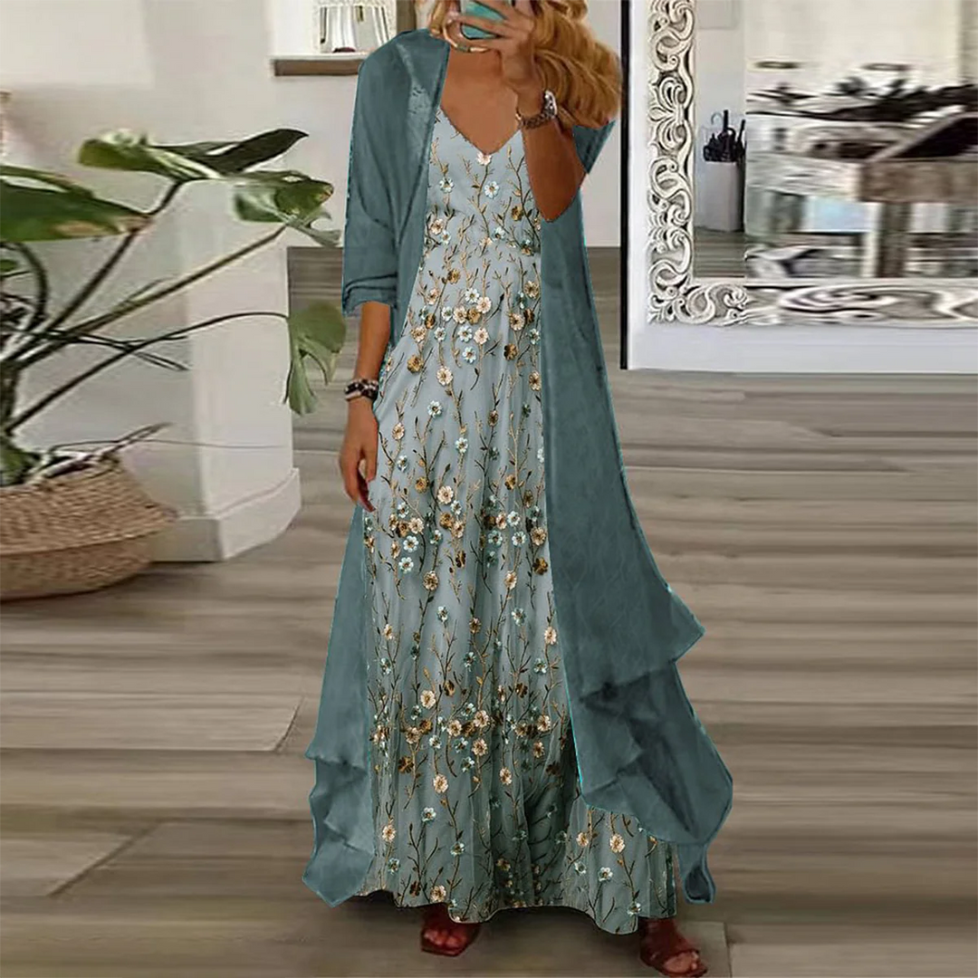 Floral Two-Piece Maxi Beach Dress Set in Blue