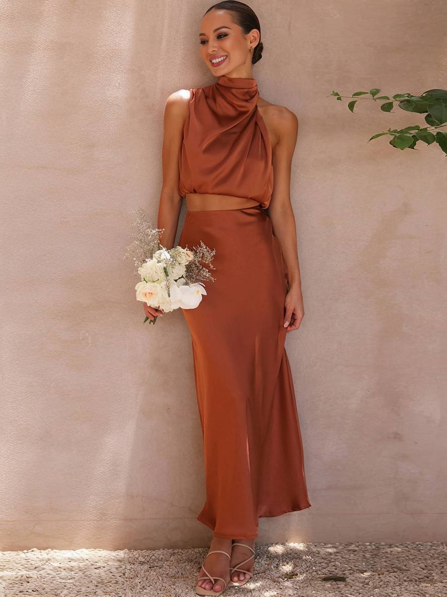 Women's Elegant Two-Piece Set for Wedding Guests in Orange