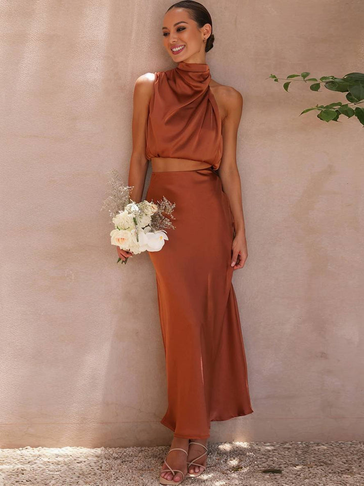 Women's Elegant Two-Piece Set for Wedding Guests in Orange