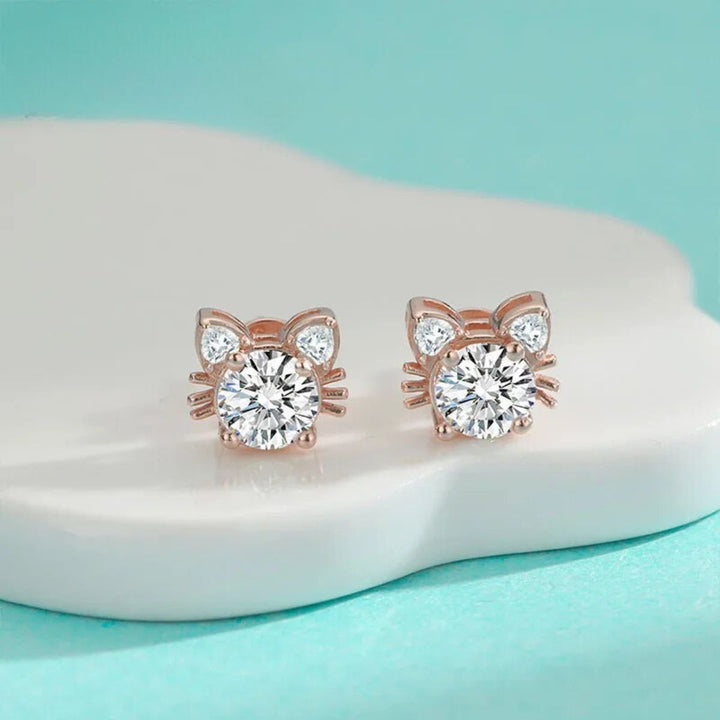 Moissanite Rose Gold Cat Stud Earrings in Silver