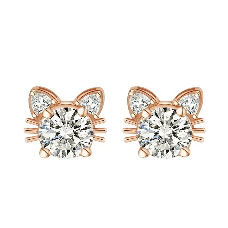 Moissanite Rose Gold Cat Stud Earrings in Silver