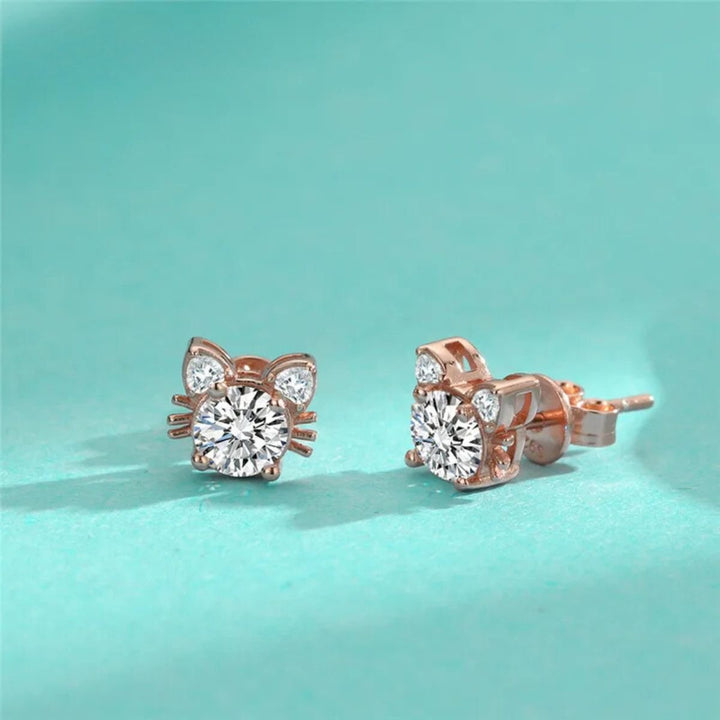 Moissanite Rose Gold Cat Stud Earrings in Silver