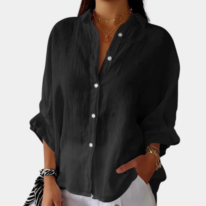 Relaxed Linen Blouse with Long Sleeves in Black