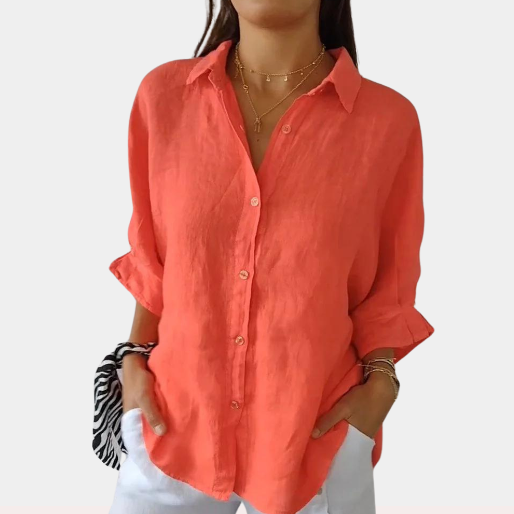 Relaxed Linen Blouse with Long Sleeves in Orange