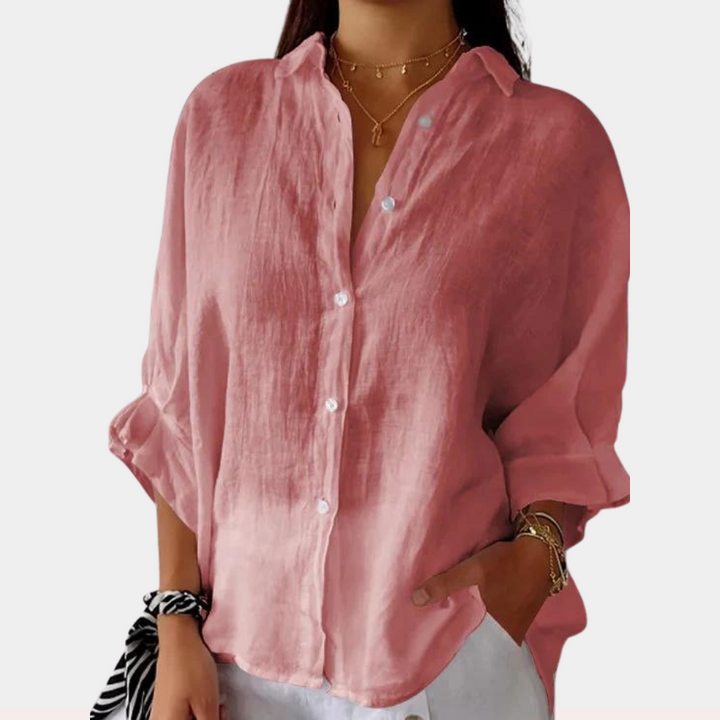 Relaxed Linen Blouse with Long Sleeves in Pink