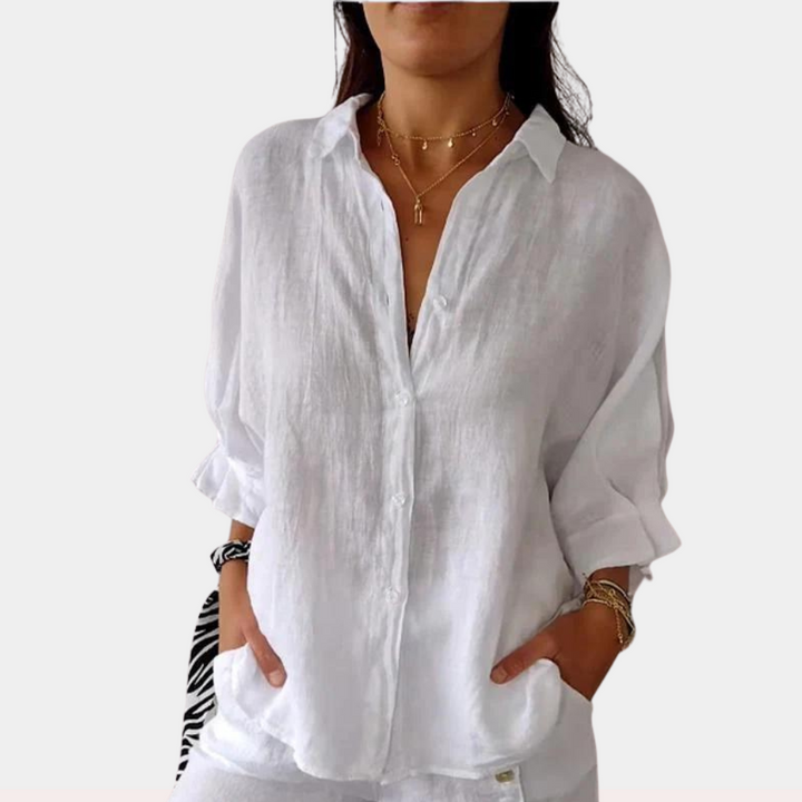 Relaxed Linen Blouse with Long Sleeves in White