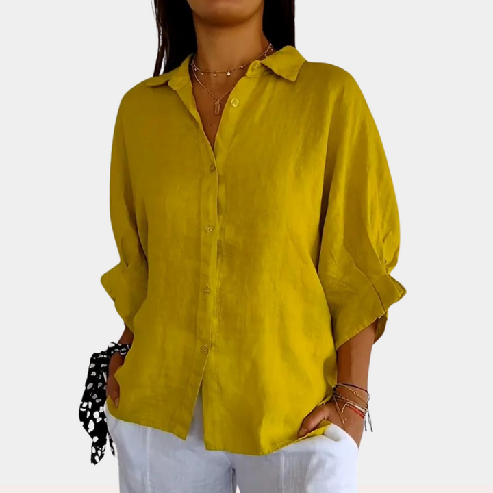 Relaxed Linen Blouse with Long Sleeves in Yellow