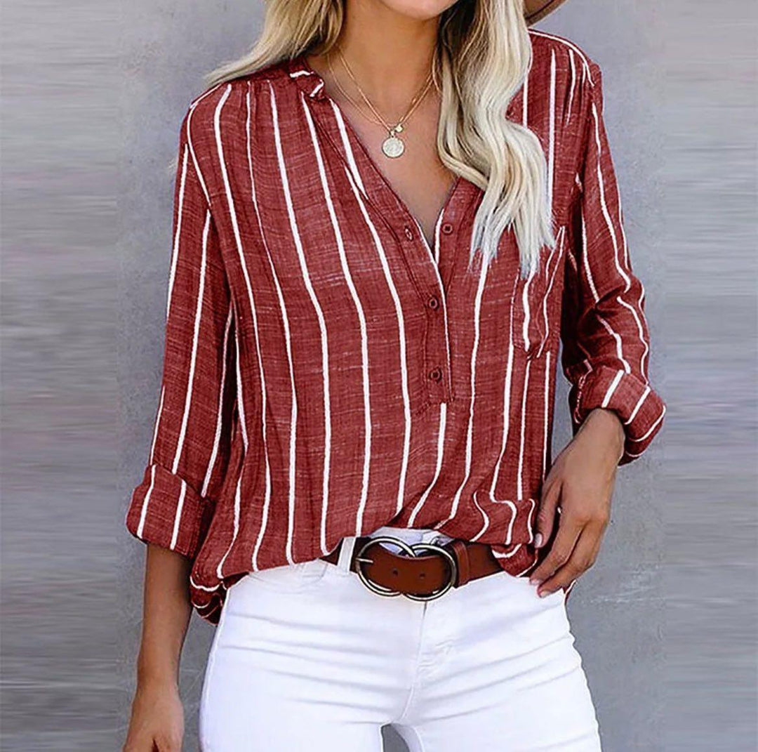 Relaxed Linen Long Sleeve Top for Summer in Red