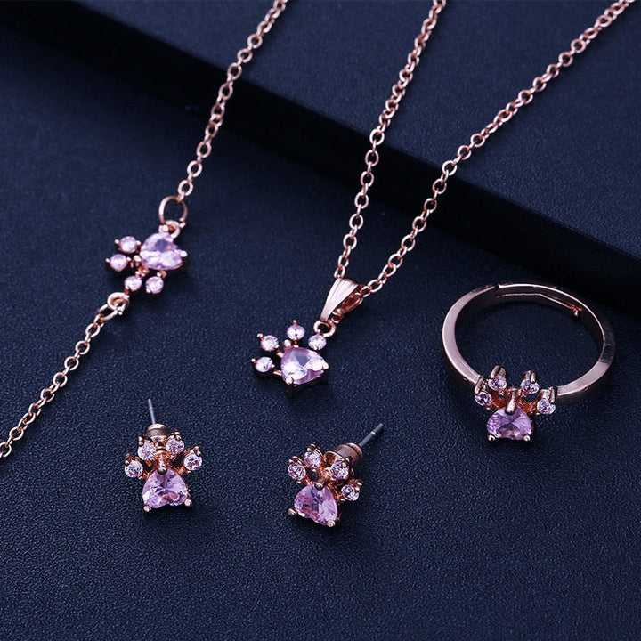 Rose Gold Paw Jewelry Set – 4 Pieces with Zirconia Heart