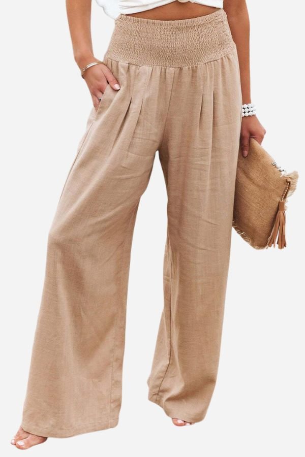 Smart Wide Leg Trousers in Breathable Linen in Army Green