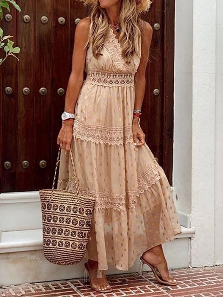 Summer Maxi Dress for Wedding Guests in Beige