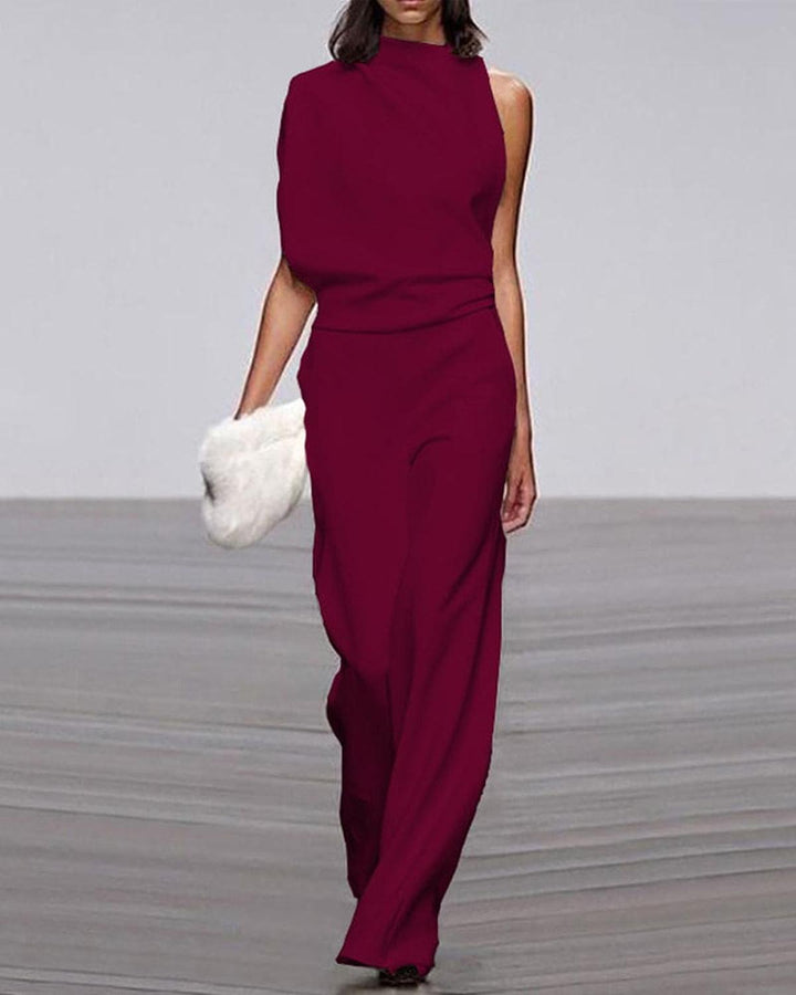 Women's Asymmetric Wide-Leg Jumpsuit for Evening in Dark Red