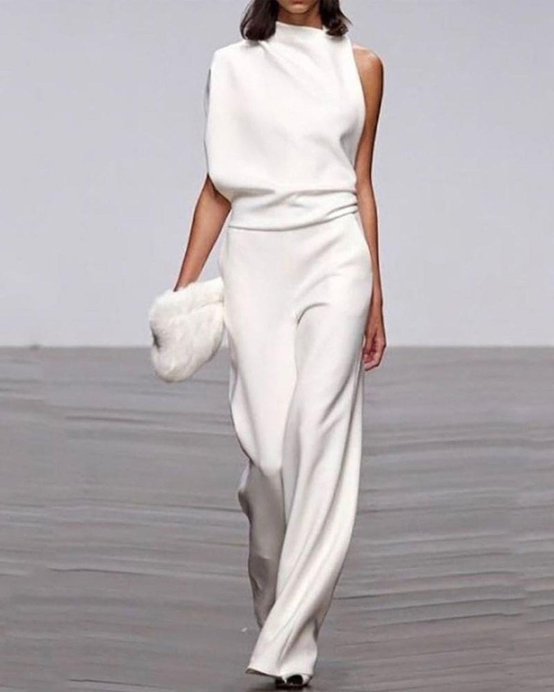 Women's Asymmetric Wide-Leg Jumpsuit for Evening in White