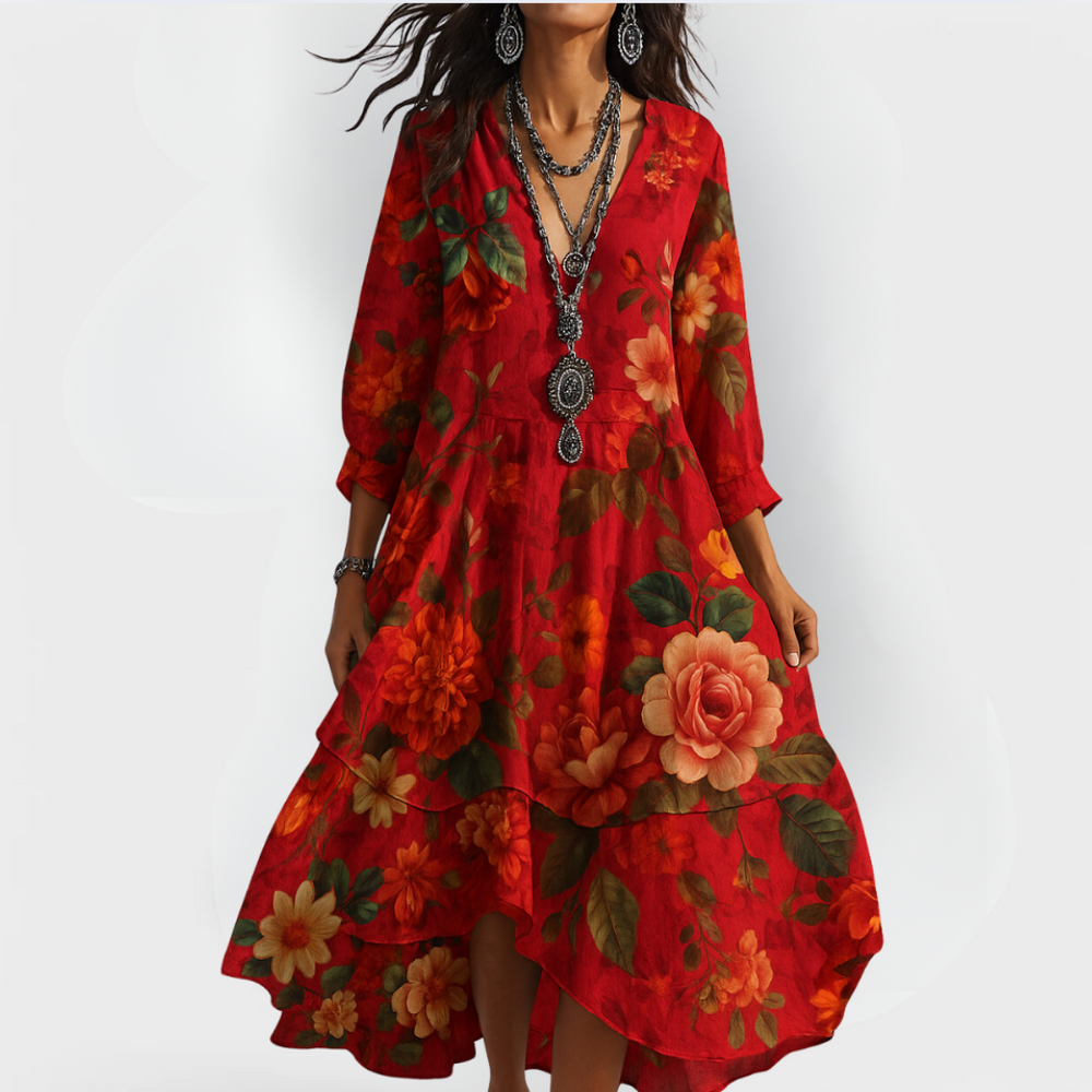 Women's Boho Floral Wedding Guest Dress in Red