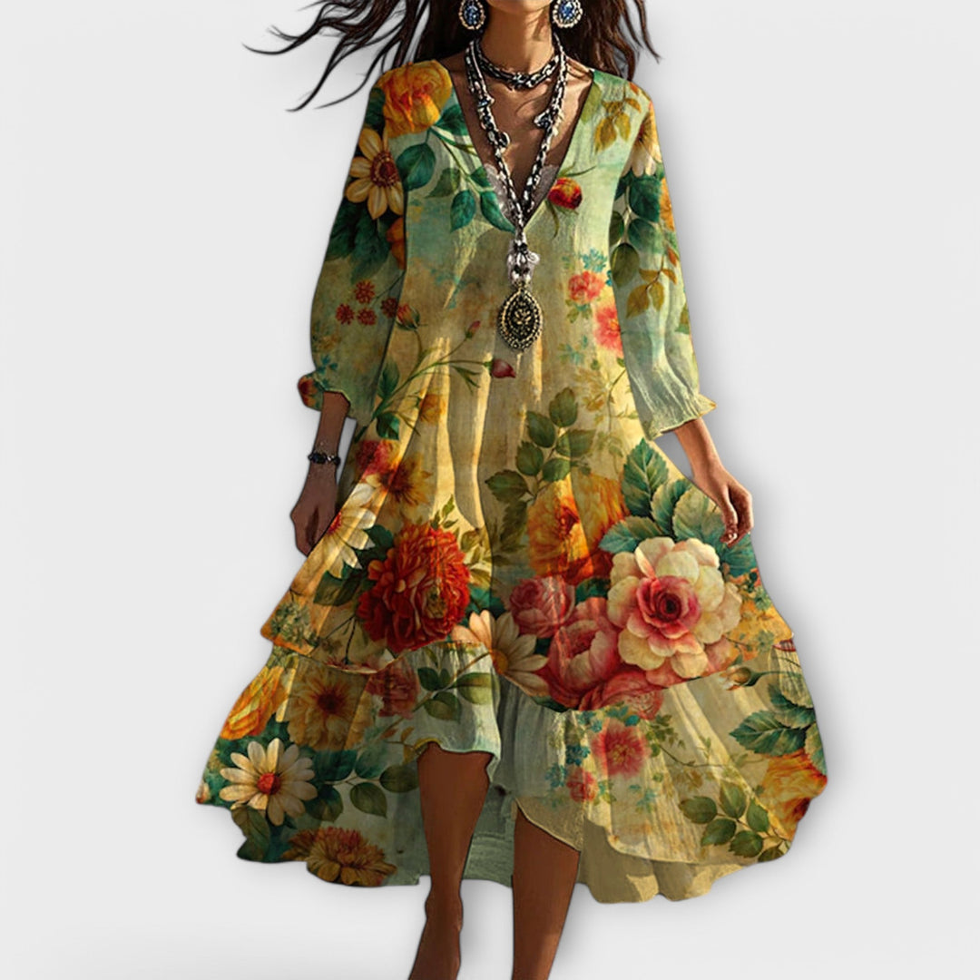 Women's Boho Floral Wedding Guest Dress in Yellow