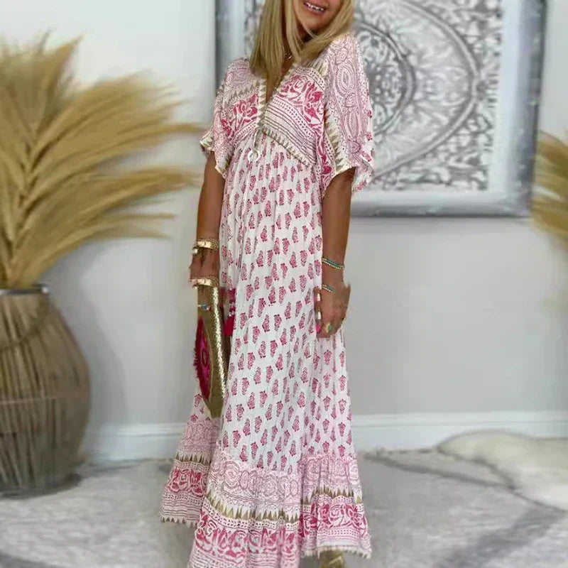 Women's Boho Maxi Wedding Guest Dress for Autumn in Pink