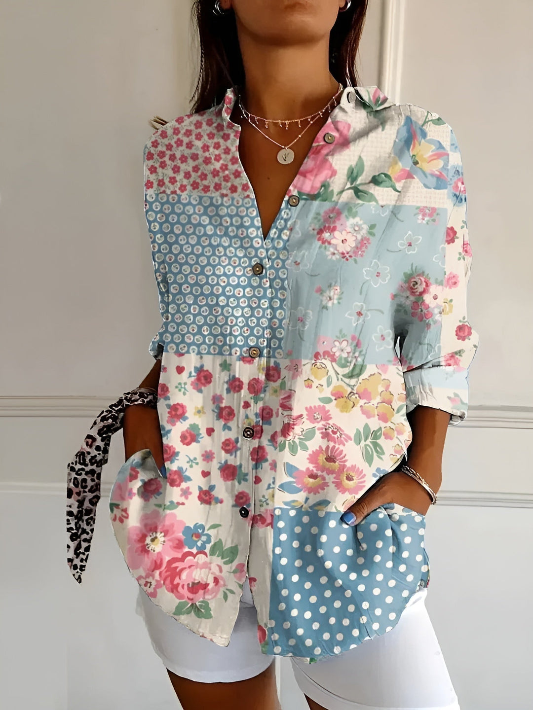 Women's Breezy Linen Blouse in Prints in Blumen Blau