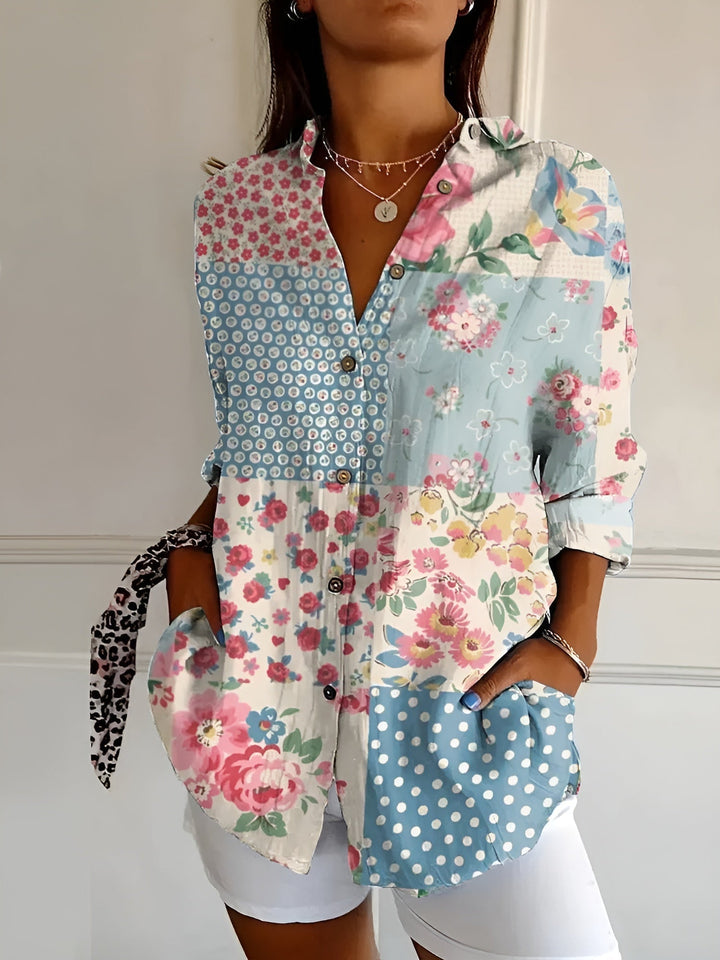 Women's Breezy Linen Blouse in Prints in Blumen Blau