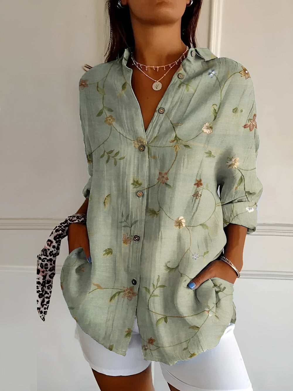 Women's Breezy Linen Blouse in Prints in Green