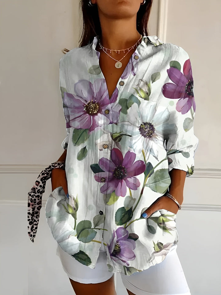Women's Breezy Linen Blouse in Prints in Lila Blumen