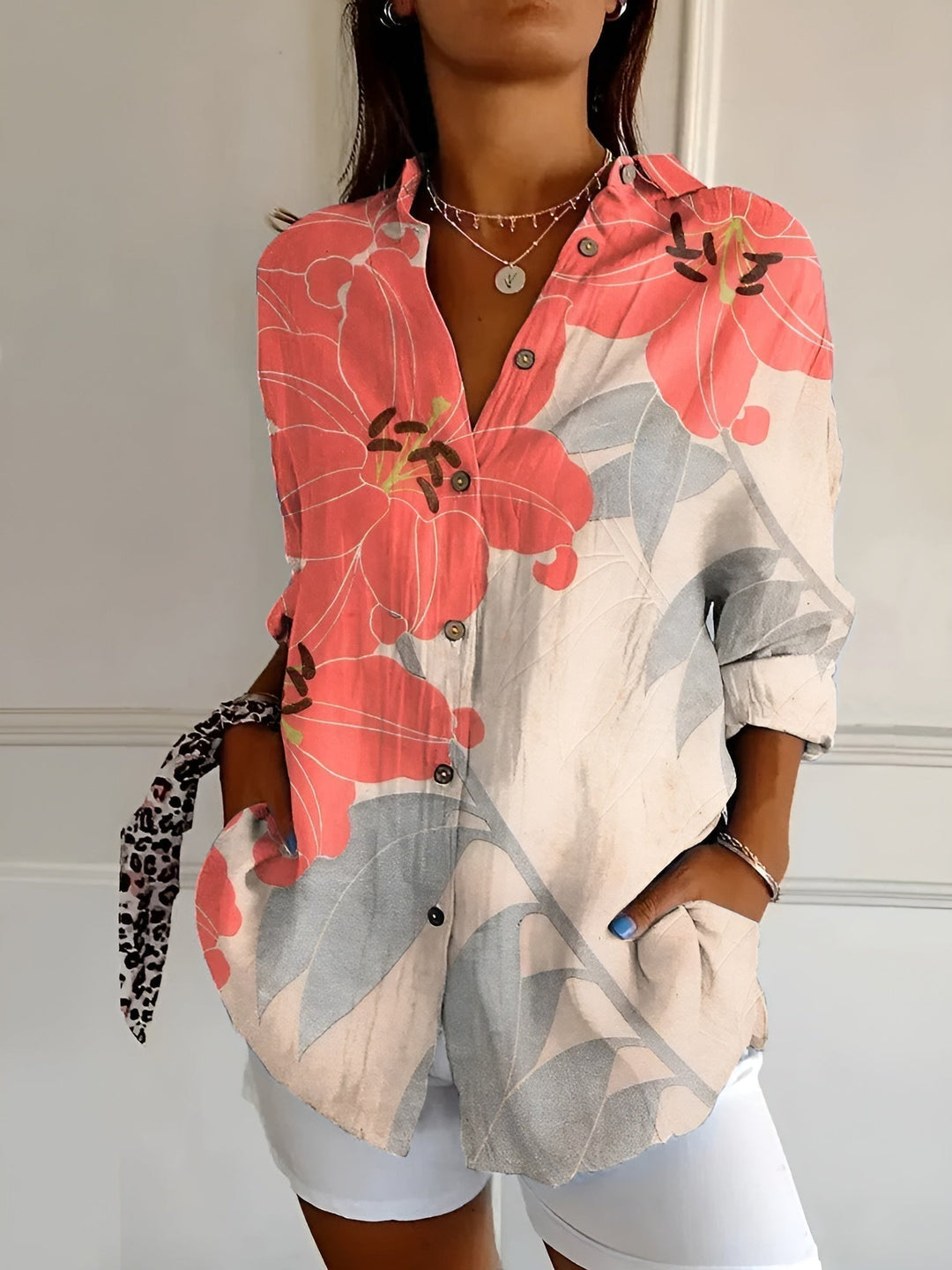 Women's Breezy Linen Blouse in Prints in Orange/Grau Floral