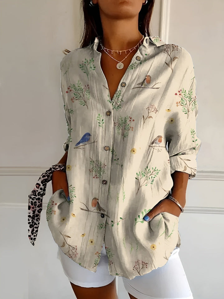 Women's Breezy Linen Blouse in Prints in Vögel