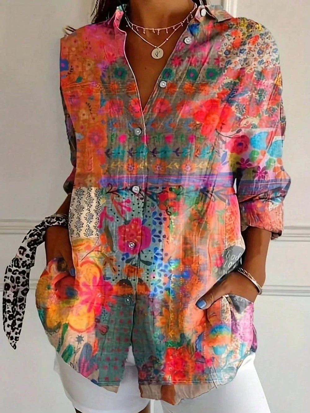 Women's Colorful Blouse with Playful Print in Orange