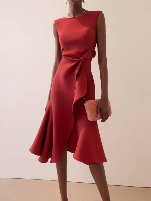 Women's Elegant Asymmetric Wedding Guest Dress in Red