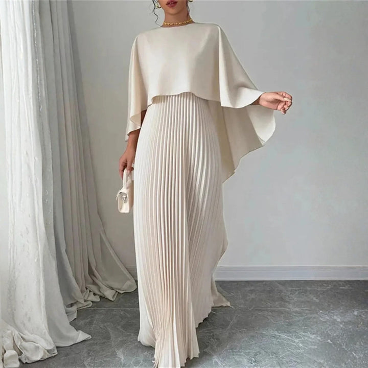 Women's Elegant Cape Maxi Wedding Guest Dress in Beige