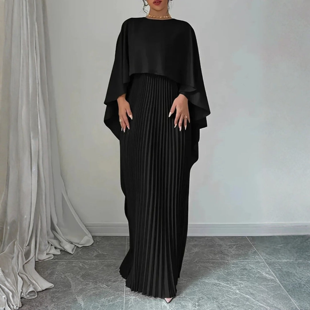 Women's Elegant Cape Maxi Wedding Guest Dress in Black