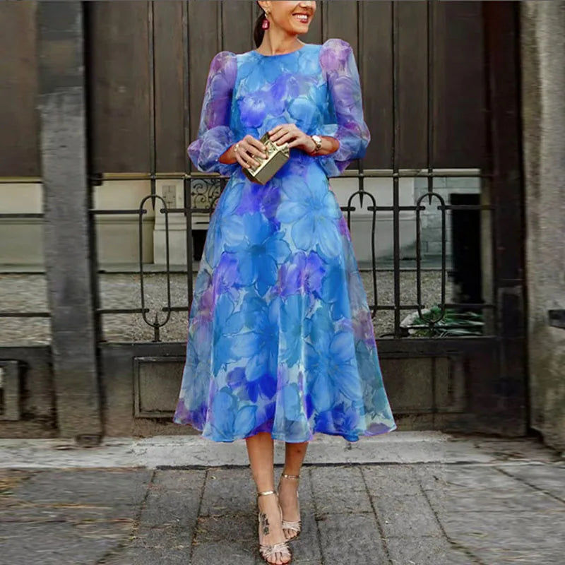 Women's Elegant Floral Midi Wedding Guest Dress in Blue